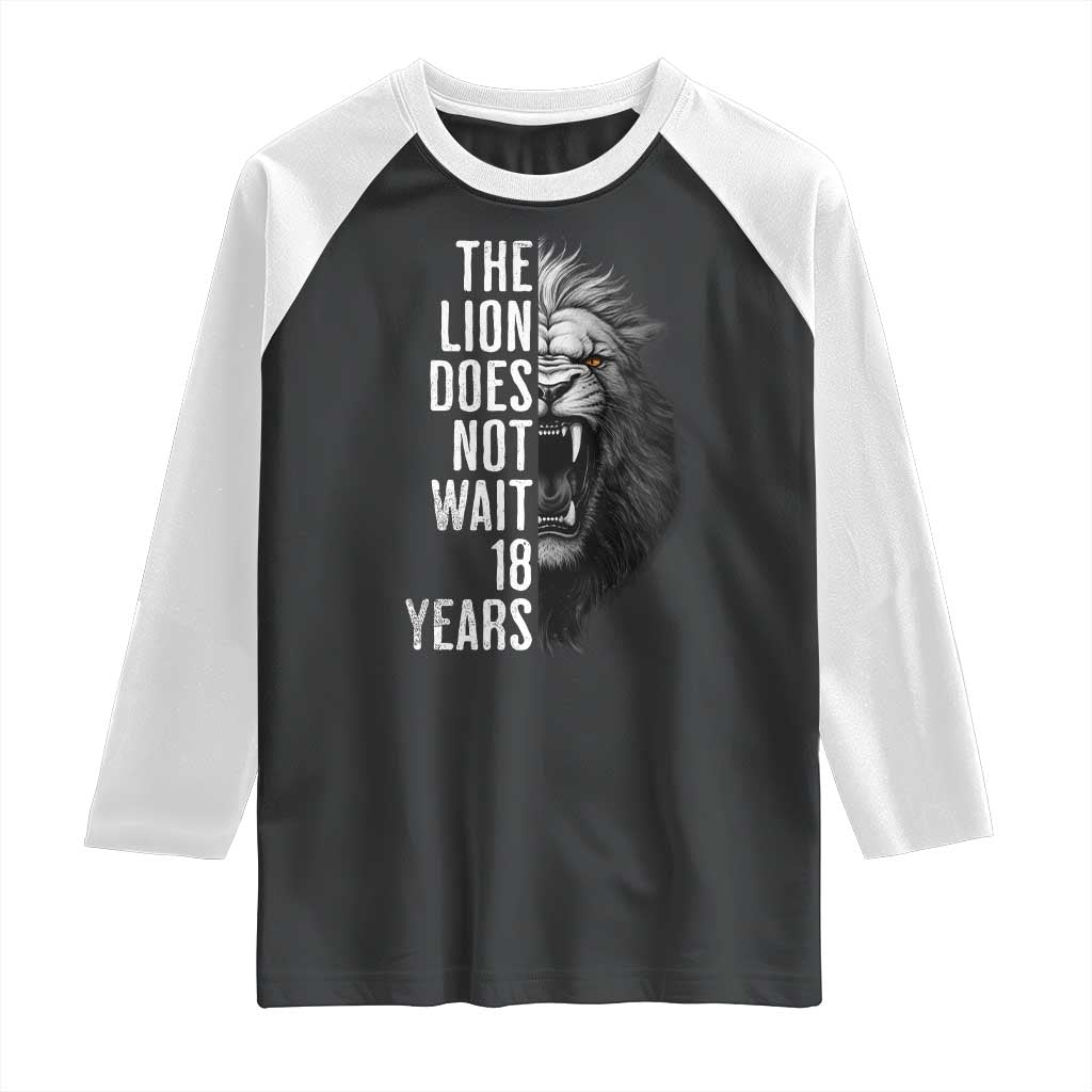 Funny The Lion Does Not Wait 18 Years Raglan Shirt Lion Meme Gen Z Alpha - Wonder Print Shop