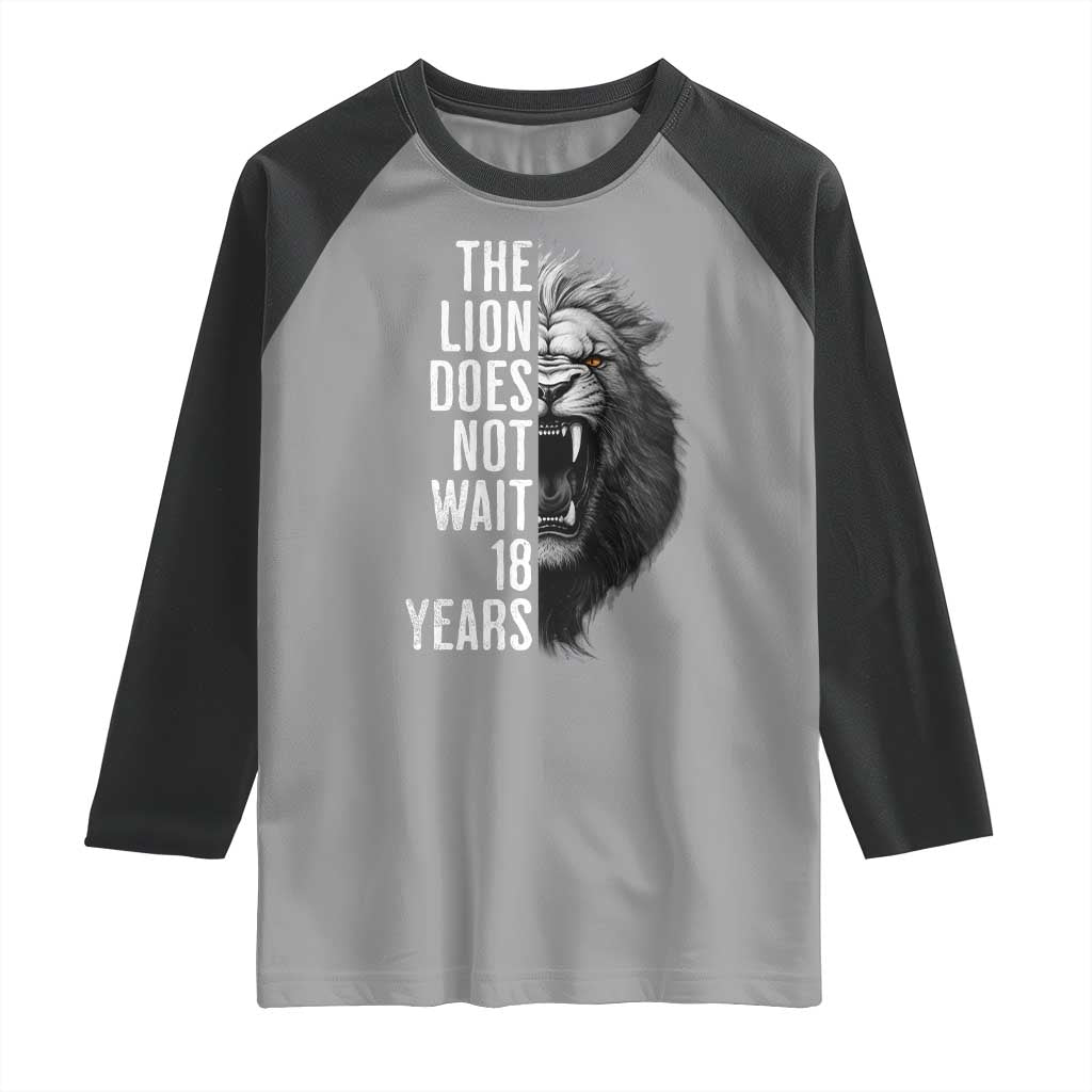 Funny The Lion Does Not Wait 18 Years Raglan Shirt Lion Meme Gen Z Alpha - Wonder Print Shop