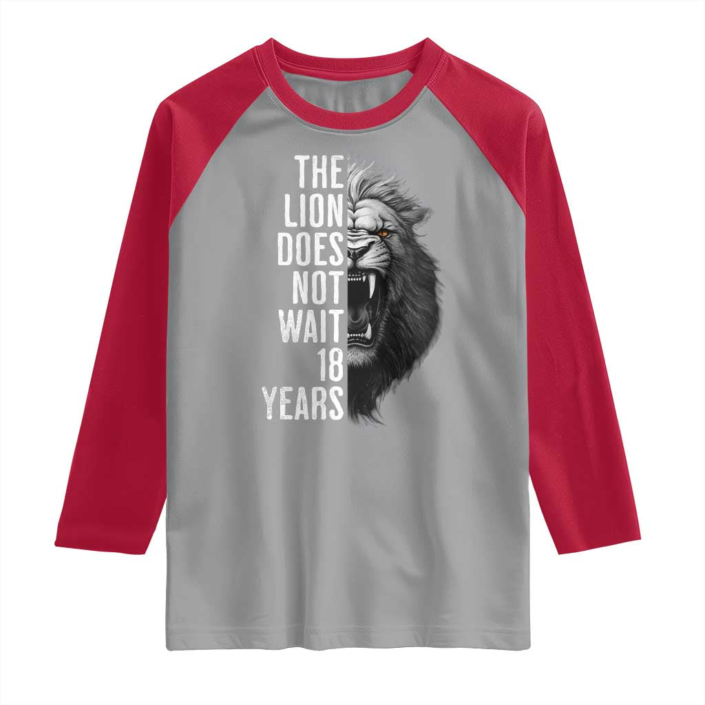 Funny The Lion Does Not Wait 18 Years Raglan Shirt Lion Meme Gen Z Alpha - Wonder Print Shop
