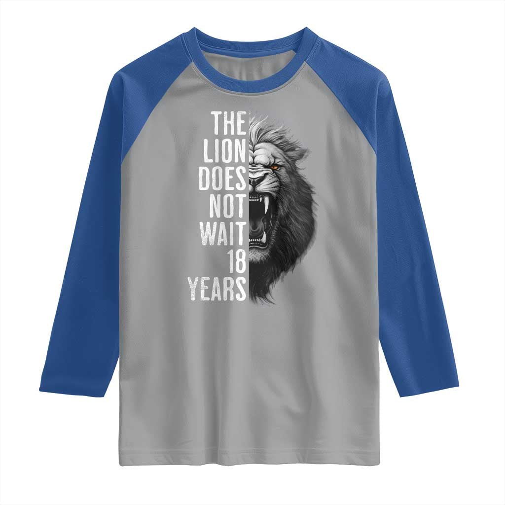 Funny The Lion Does Not Wait 18 Years Raglan Shirt Lion Meme Gen Z Alpha - Wonder Print Shop