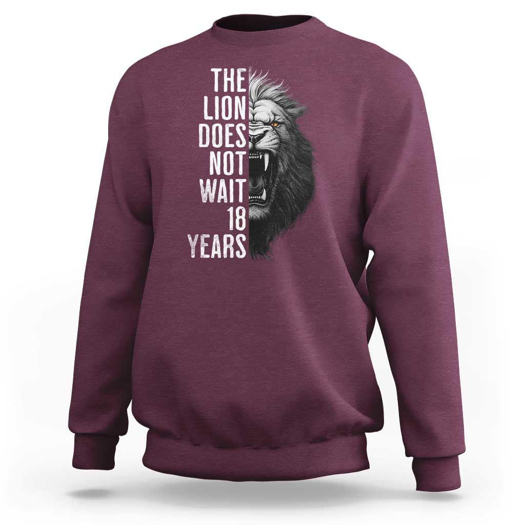 Funny The Lion Does Not Wait 18 Years Sweatshirt Lion Meme Gen Z Alpha - Wonder Print Shop
