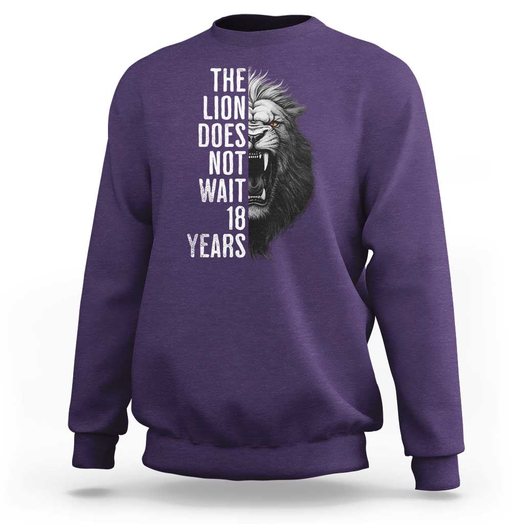 Funny The Lion Does Not Wait 18 Years Sweatshirt Lion Meme Gen Z Alpha - Wonder Print Shop