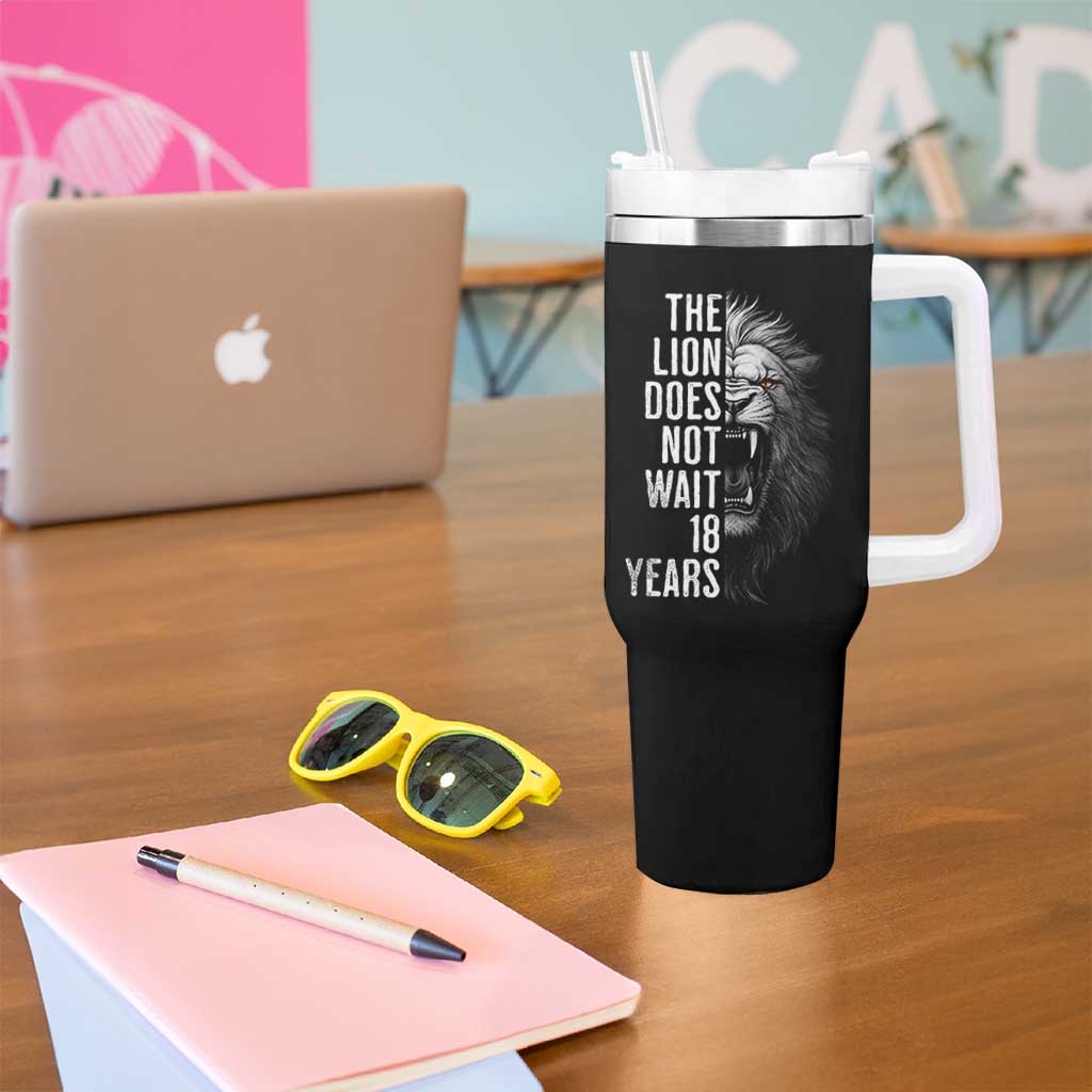 Funny The Lion Does Not Wait 18 Years Tumbler With Handle Lion Meme Gen Z Alpha - Wonder Print Shop