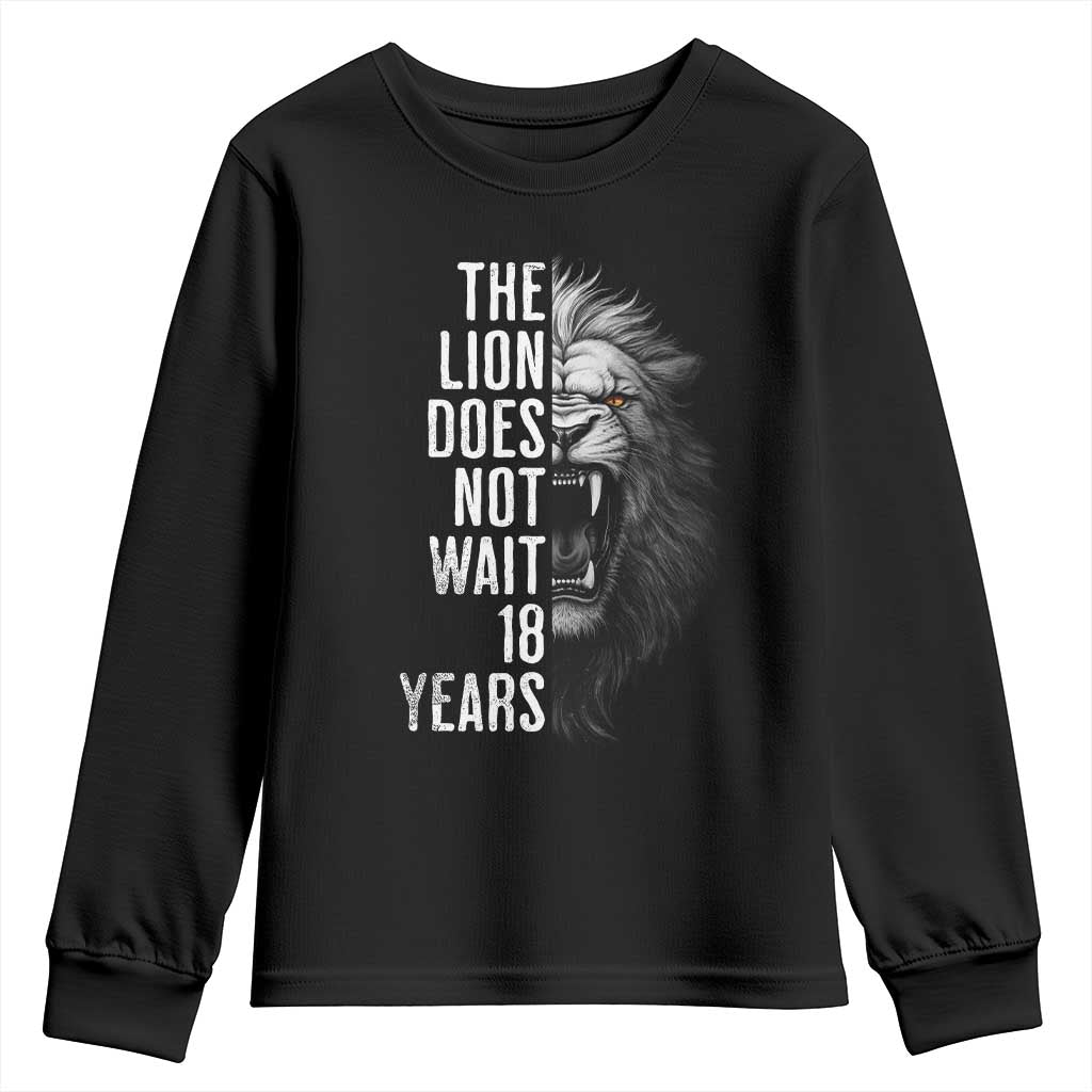 Funny The Lion Does Not Wait 18 Years Youth Sweatshirt Lion Meme Gen Z Alpha - Wonder Print Shop