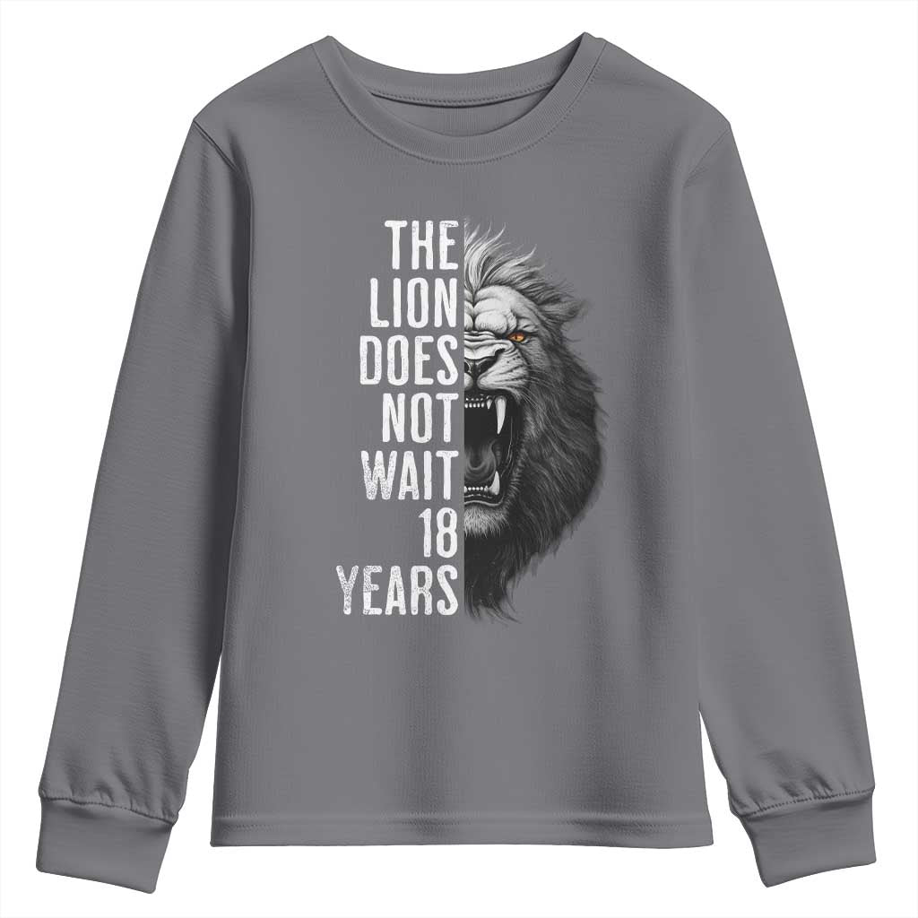 Funny The Lion Does Not Wait 18 Years Youth Sweatshirt Lion Meme Gen Z Alpha - Wonder Print Shop