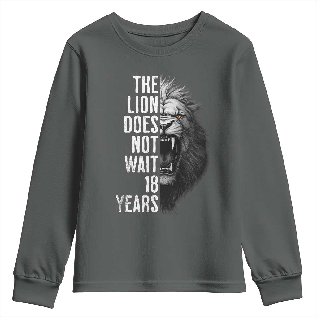 Funny The Lion Does Not Wait 18 Years Youth Sweatshirt Lion Meme Gen Z Alpha - Wonder Print Shop