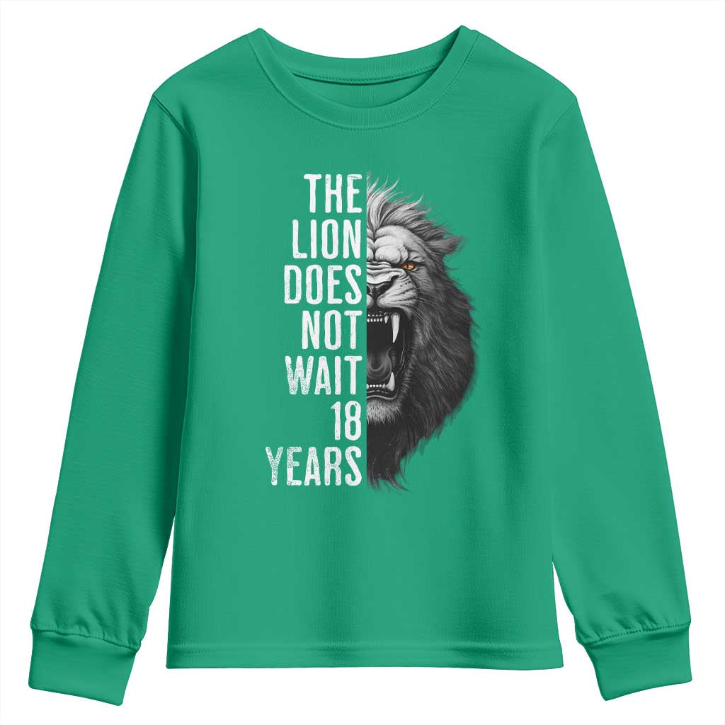 Funny The Lion Does Not Wait 18 Years Youth Sweatshirt Lion Meme Gen Z Alpha - Wonder Print Shop