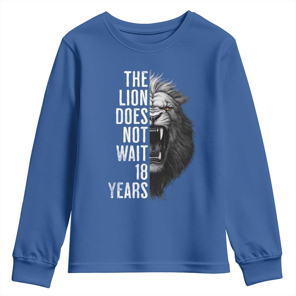 Funny The Lion Does Not Wait 18 Years Youth Sweatshirt Lion Meme Gen Z Alpha - Wonder Print Shop