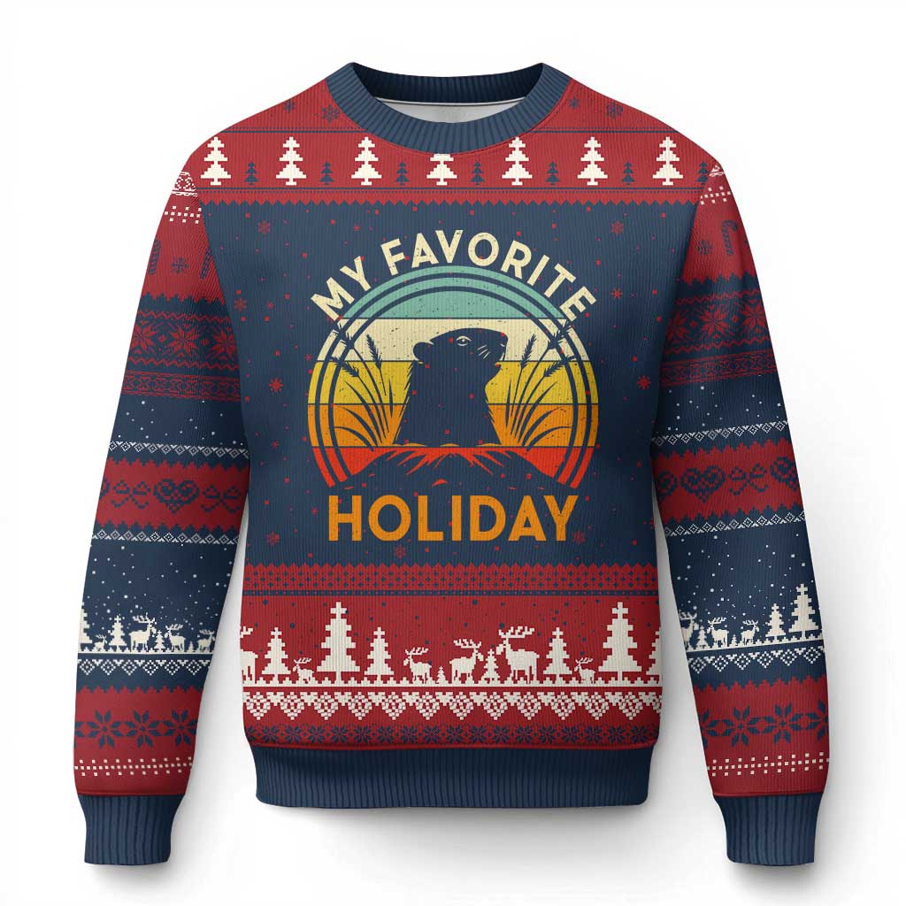 Funny Groundhog Day Ugly Christmas Sweater My Favorite Holiday Retro Vintage Woodchuck - Wonder Print Shop