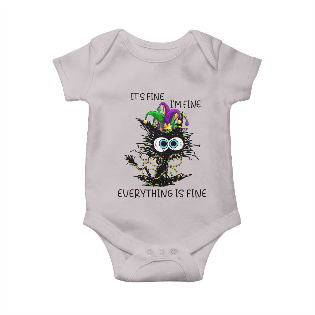 Funny Mardi Gras Cat Baby Onesie It's Fine I'm Fine Everything Is Fine Jester Hat Beads