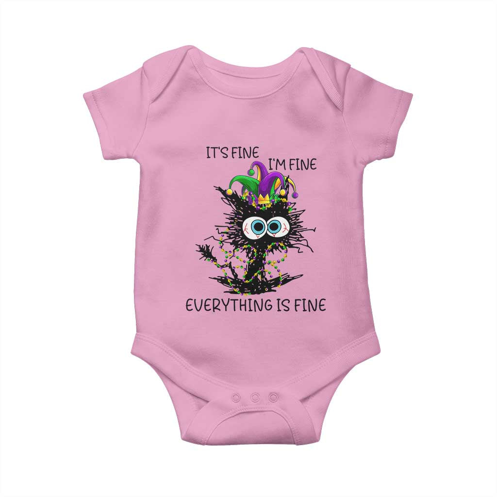 Funny Mardi Gras Cat Baby Onesie It's Fine I'm Fine Everything Is Fine Jester Hat Beads