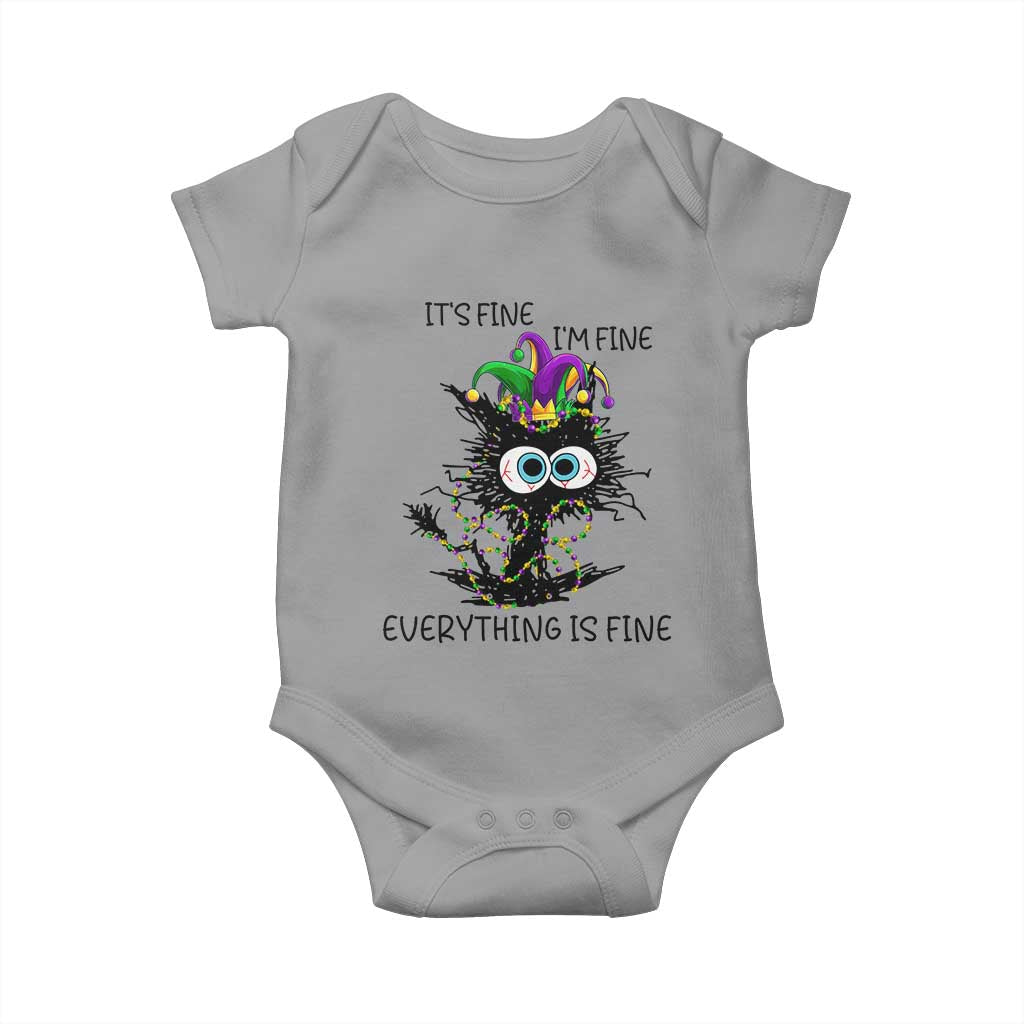 Funny Mardi Gras Cat Baby Onesie It's Fine I'm Fine Everything Is Fine Jester Hat Beads