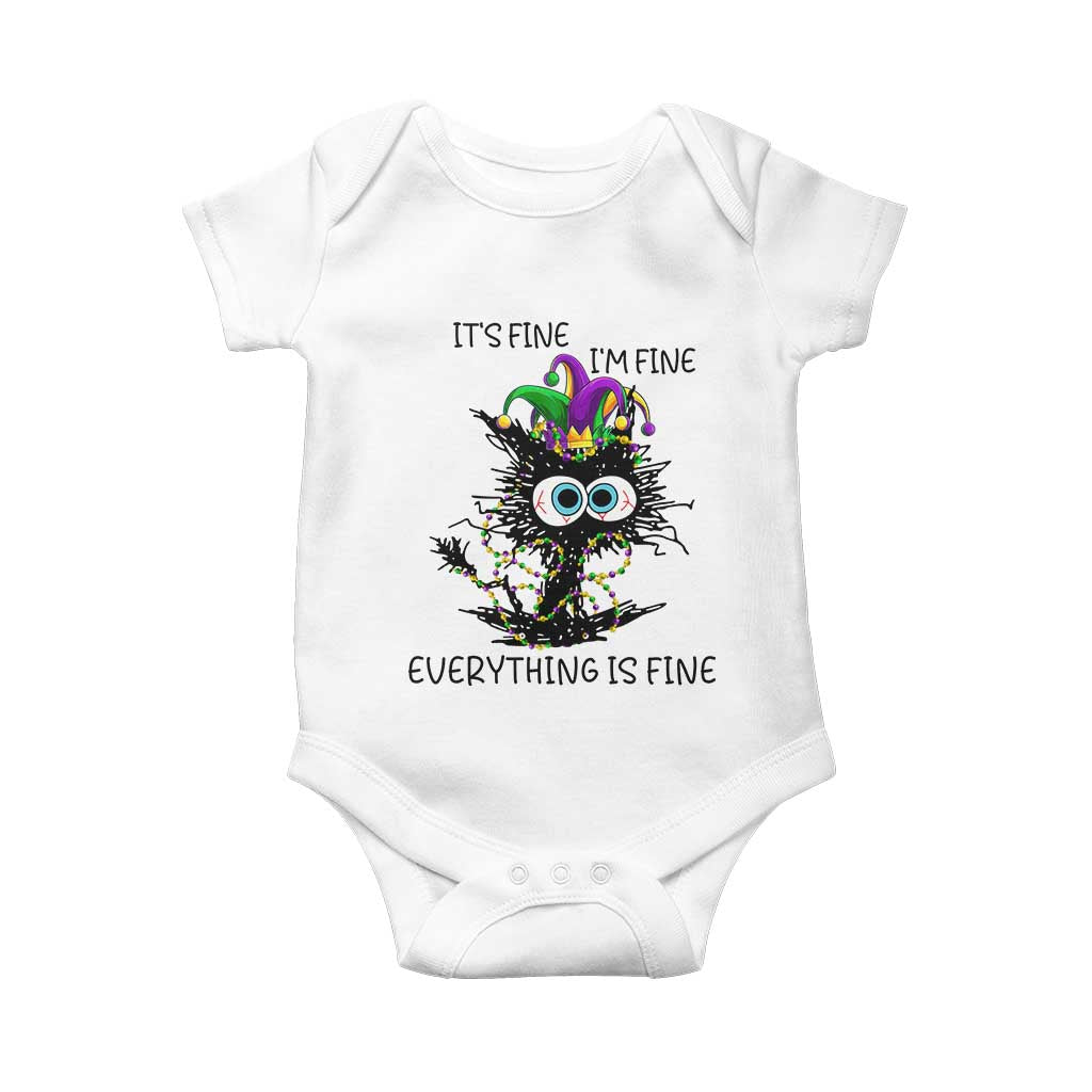 Funny Mardi Gras Cat Baby Onesie It's Fine I'm Fine Everything Is Fine Jester Hat Beads