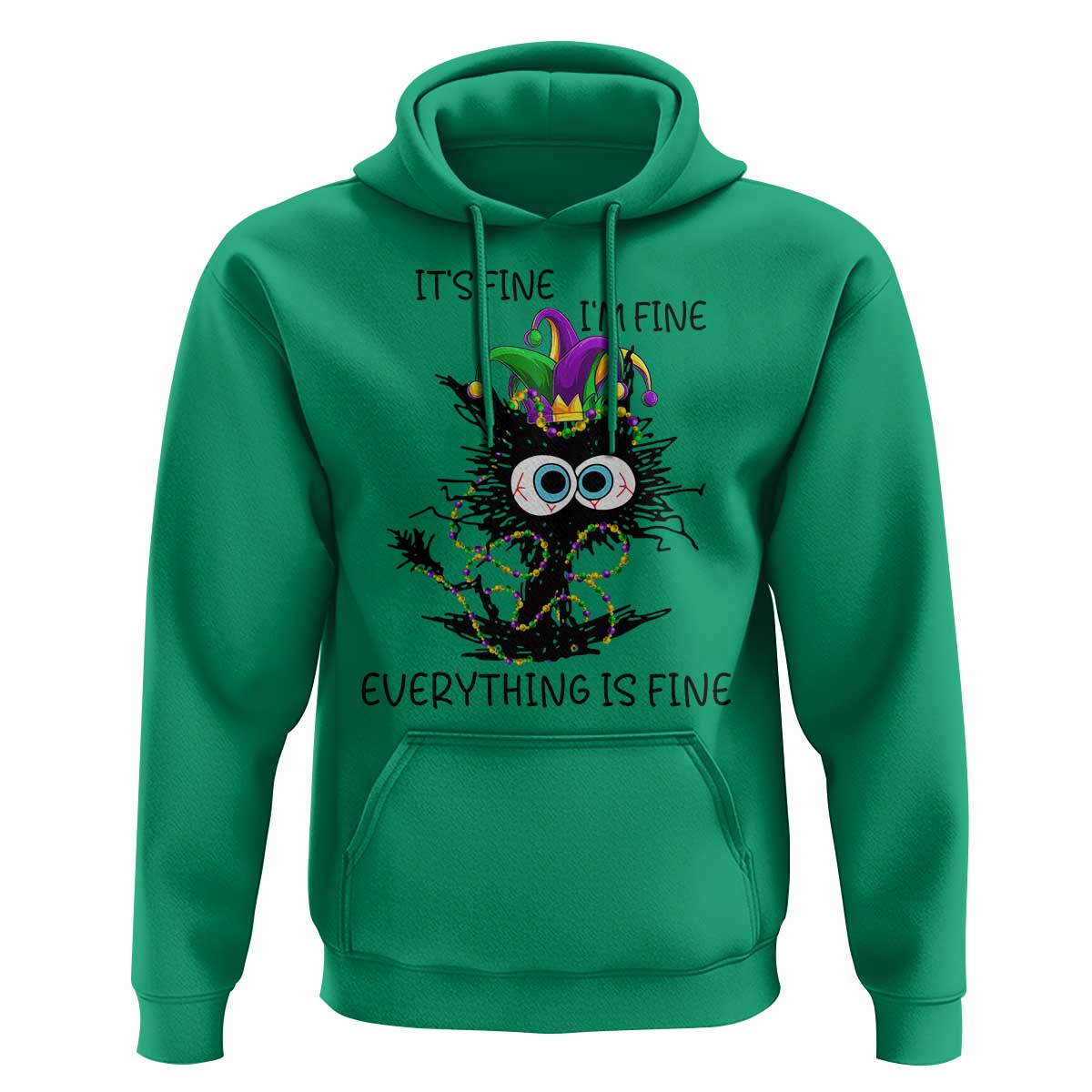 Funny Mardi Gras Cat Hoodie It's Fine I'm Fine Everything Is Fine Jester Hat Beads