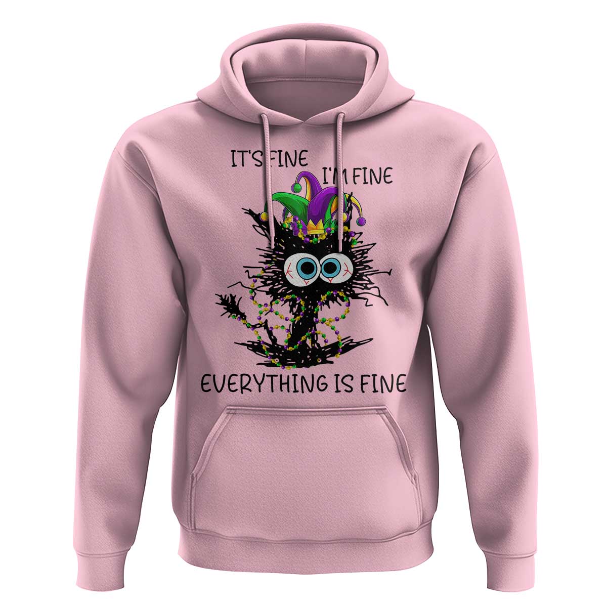Funny Mardi Gras Cat Hoodie It's Fine I'm Fine Everything Is Fine Jester Hat Beads