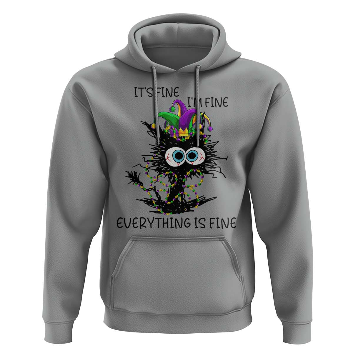 Funny Mardi Gras Cat Hoodie It's Fine I'm Fine Everything Is Fine Jester Hat Beads