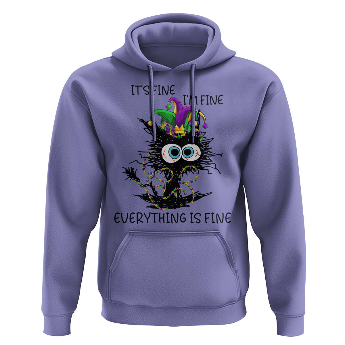Funny Mardi Gras Cat Hoodie It's Fine I'm Fine Everything Is Fine Jester Hat Beads