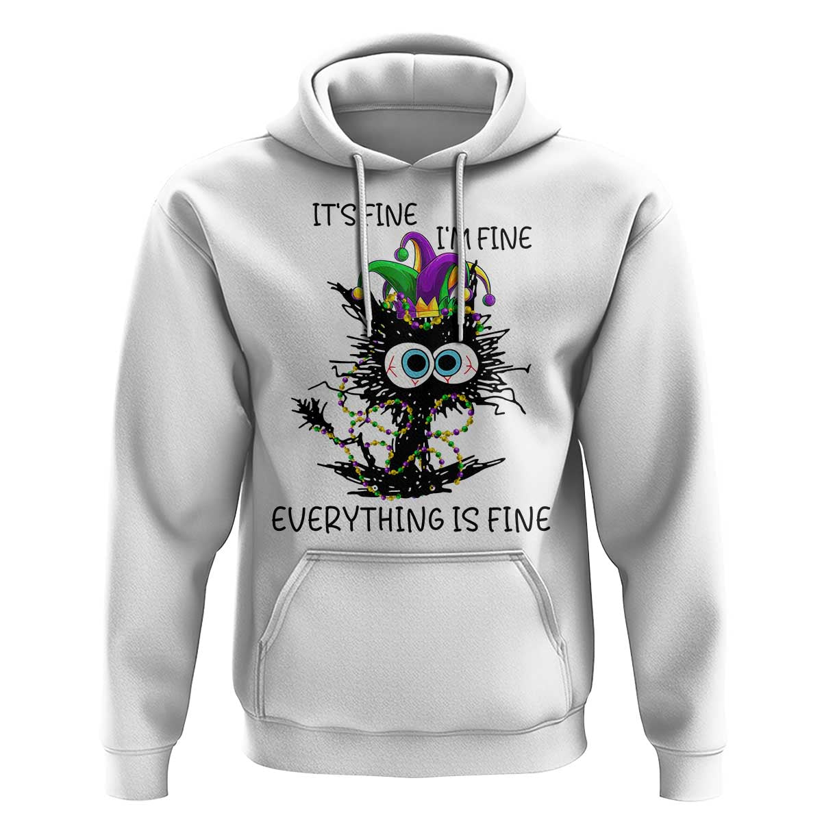 Funny Mardi Gras Cat Hoodie It's Fine I'm Fine Everything Is Fine Jester Hat Beads