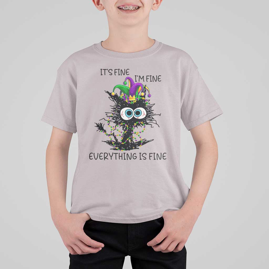 Funny Mardi Gras Cat T Shirt For Kid It's Fine I'm Fine Everything Is Fine Jester Hat Beads