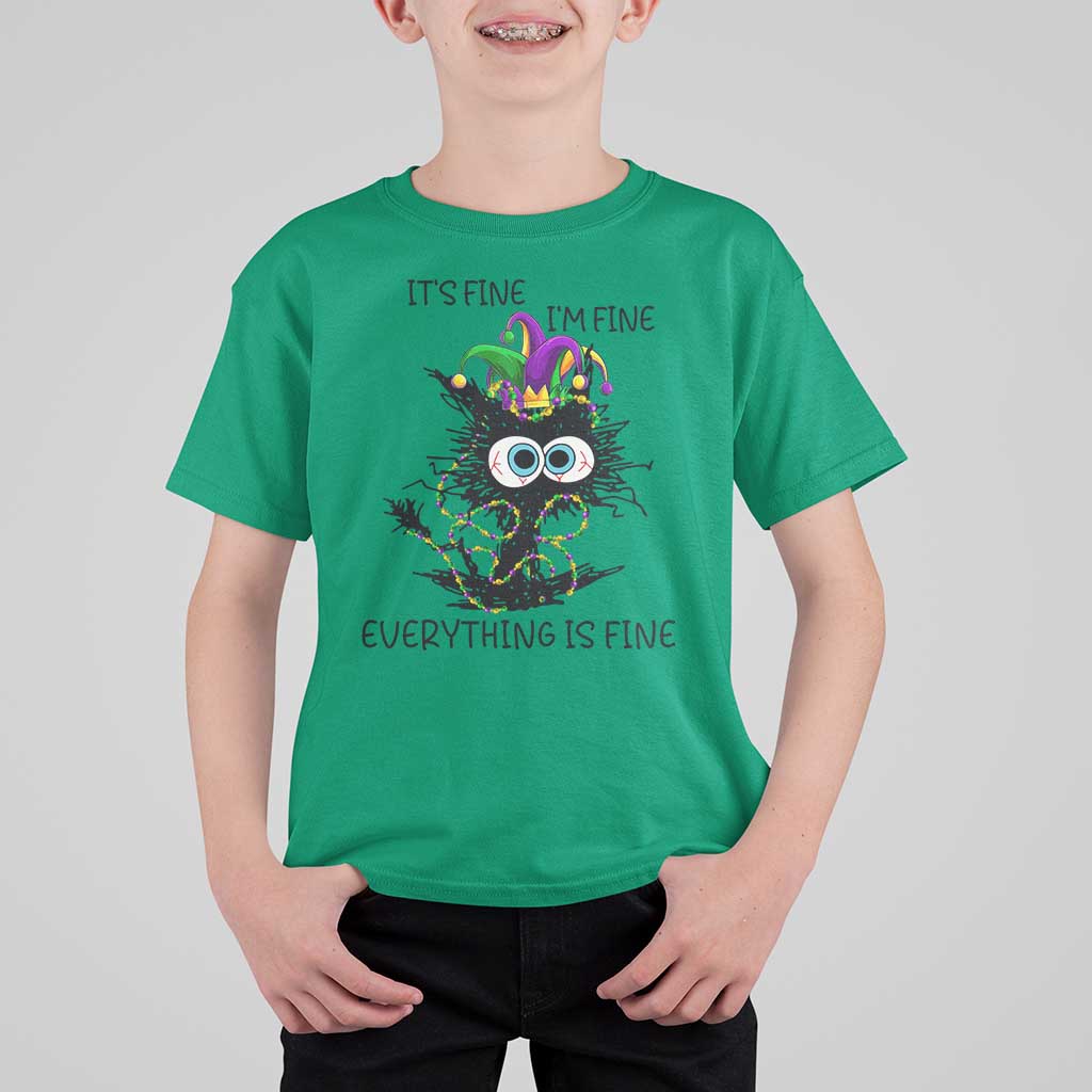Funny Mardi Gras Cat T Shirt For Kid It's Fine I'm Fine Everything Is Fine Jester Hat Beads