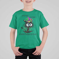 Funny Mardi Gras Cat T Shirt For Kid It's Fine I'm Fine Everything Is Fine Jester Hat Beads