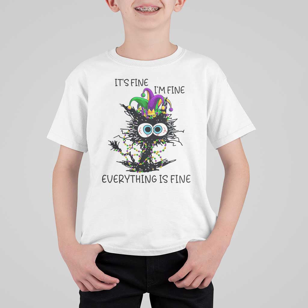 Funny Mardi Gras Cat T Shirt For Kid It's Fine I'm Fine Everything Is Fine Jester Hat Beads