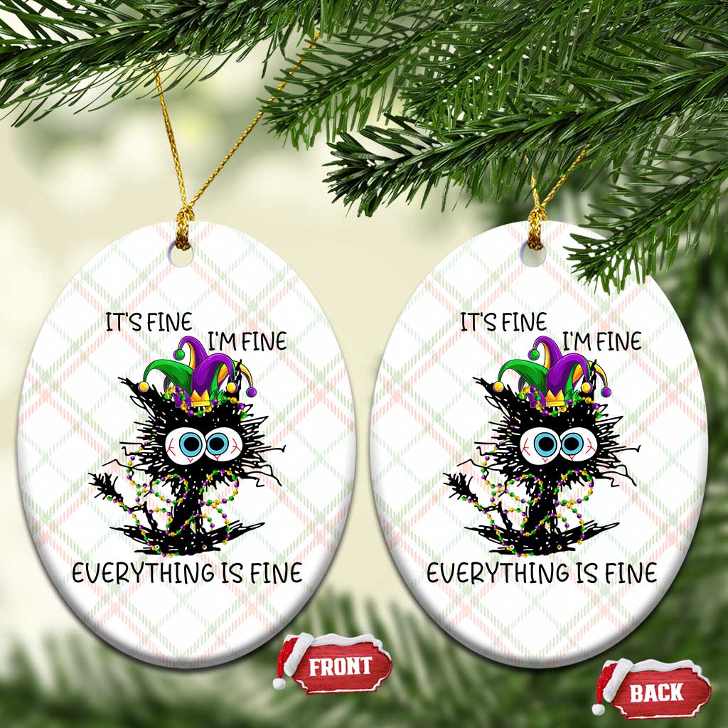 Funny Mardi Gras Cat Ceramic Ornament It's Fine I'm Fine Everything Is Fine Jester Hat Beads