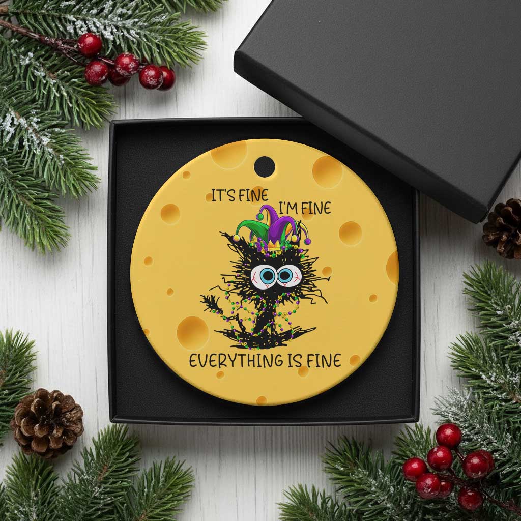 Funny Mardi Gras Cat Ceramic Ornament It's Fine I'm Fine Everything Is Fine Jester Hat Beads