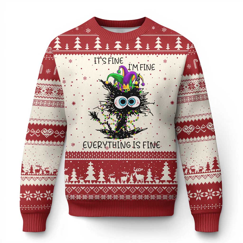 Funny Mardi Gras Cat Ugly Christmas Sweater It's Fine I'm Fine Everything Is Fine Jester Hat Beads