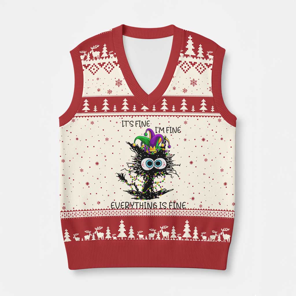 Funny Mardi Gras Cat V-Neck Knit Sweater Vest It's Fine I'm Fine Everything Is Fine Jester Hat Beads