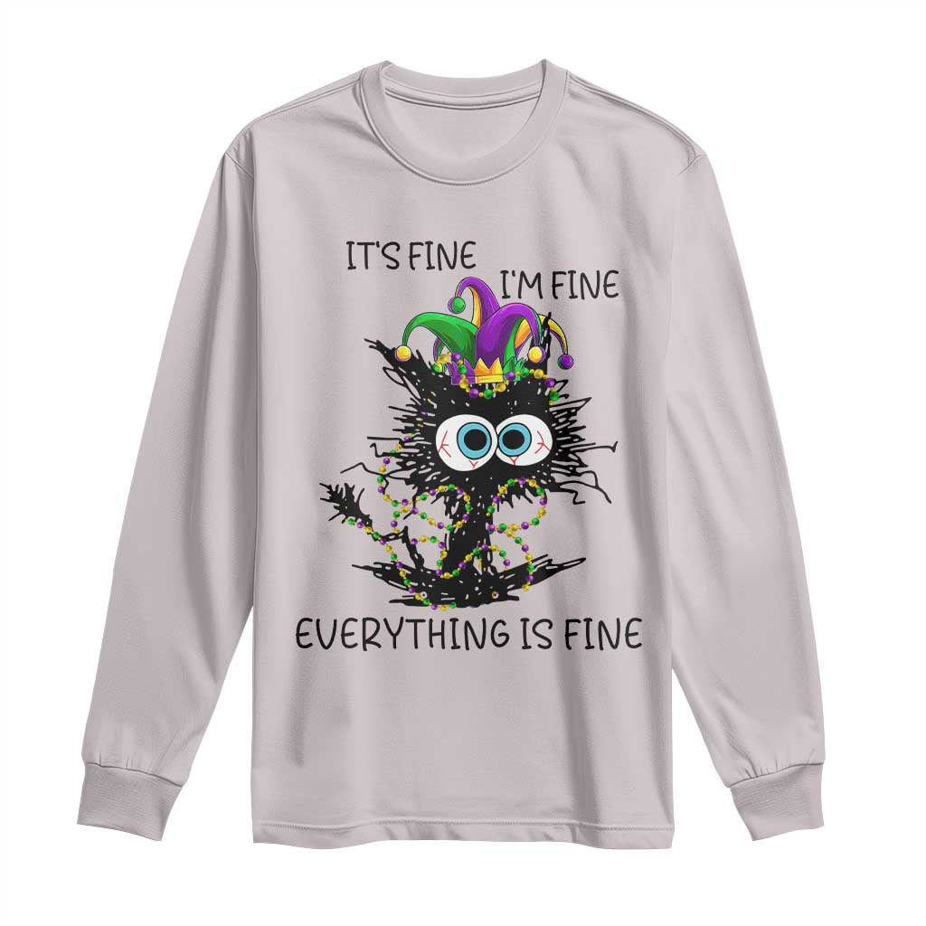 Funny Mardi Gras Cat Long Sleeve Shirt It's Fine I'm Fine Everything Is Fine Jester Hat Beads