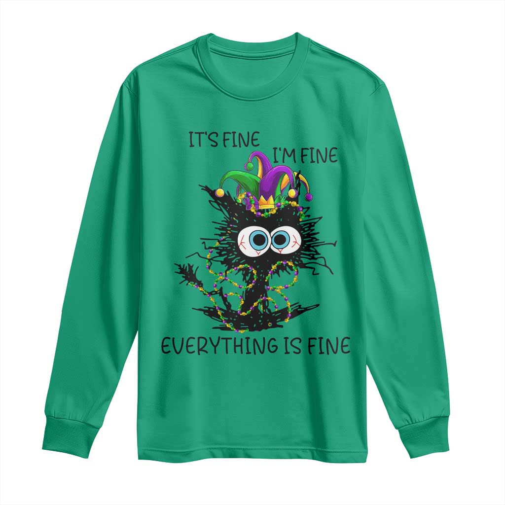 Funny Mardi Gras Cat Long Sleeve Shirt It's Fine I'm Fine Everything Is Fine Jester Hat Beads