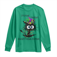 Funny Mardi Gras Cat Long Sleeve Shirt It's Fine I'm Fine Everything Is Fine Jester Hat Beads