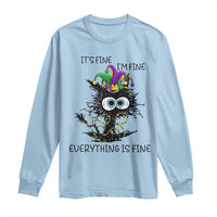 Funny Mardi Gras Cat Long Sleeve Shirt It's Fine I'm Fine Everything Is Fine Jester Hat Beads