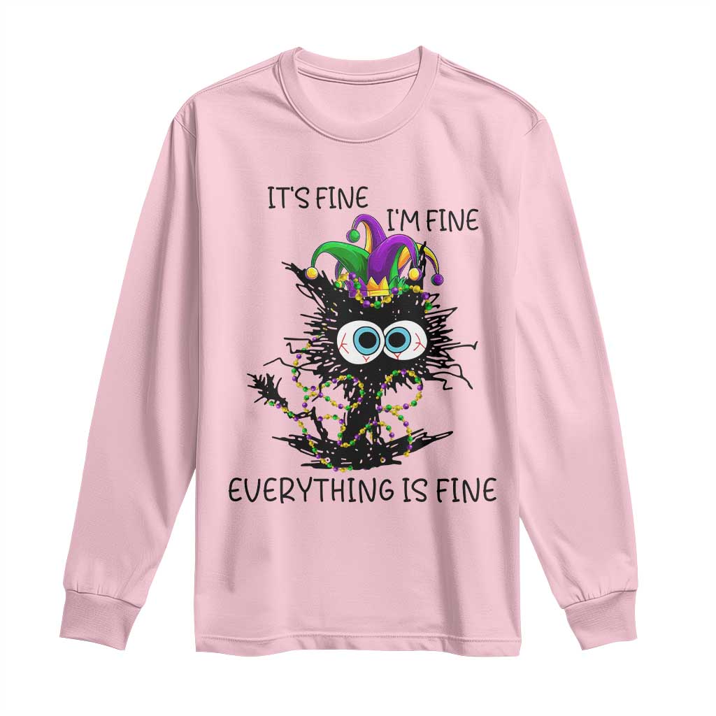 Funny Mardi Gras Cat Long Sleeve Shirt It's Fine I'm Fine Everything Is Fine Jester Hat Beads