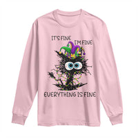 Funny Mardi Gras Cat Long Sleeve Shirt It's Fine I'm Fine Everything Is Fine Jester Hat Beads