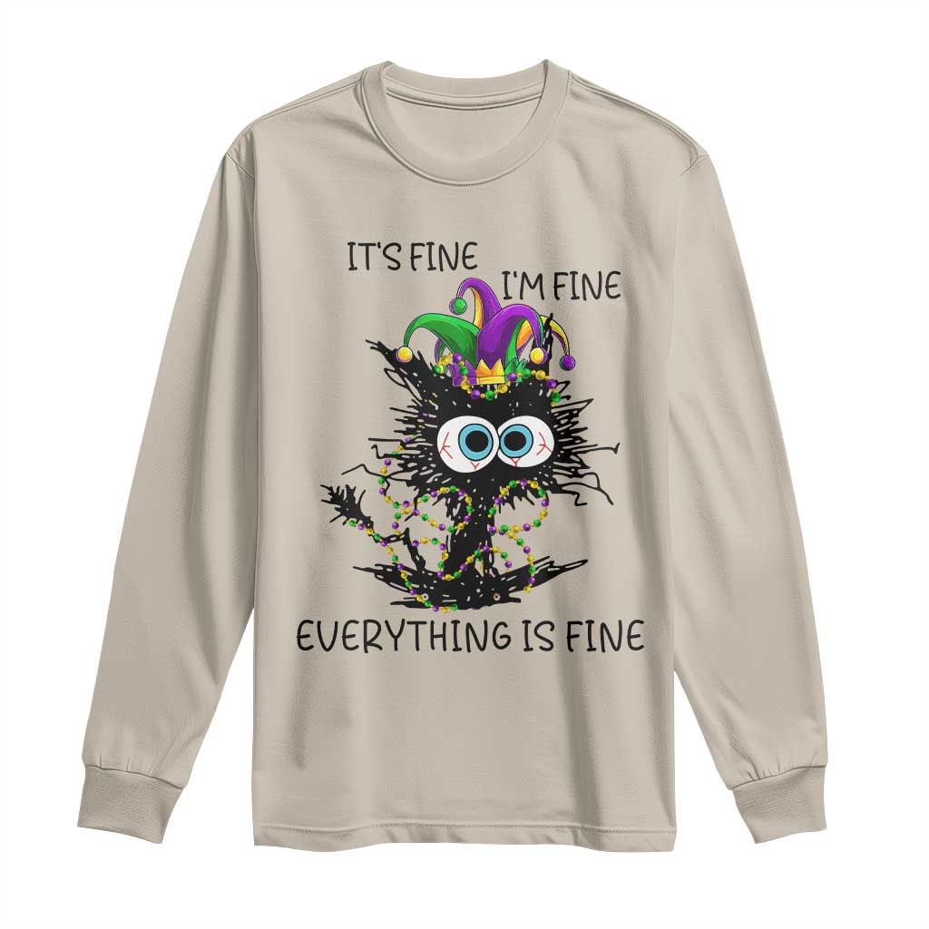 Funny Mardi Gras Cat Long Sleeve Shirt It's Fine I'm Fine Everything Is Fine Jester Hat Beads