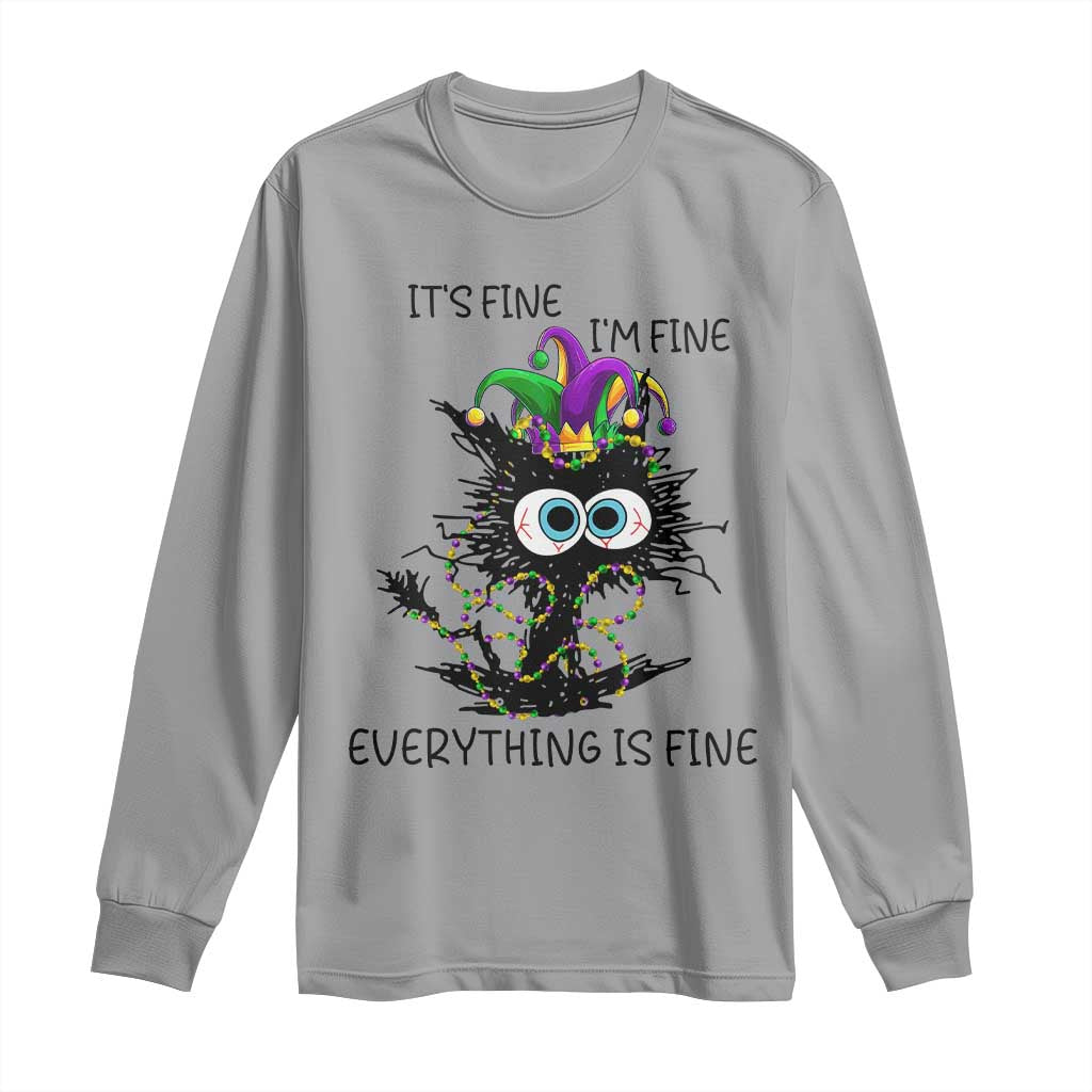 Funny Mardi Gras Cat Long Sleeve Shirt It's Fine I'm Fine Everything Is Fine Jester Hat Beads