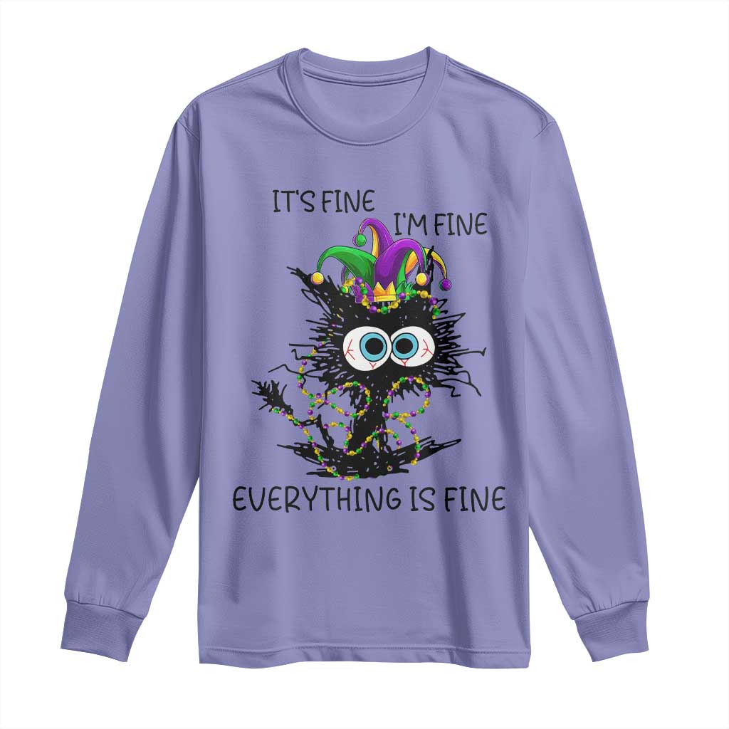 Funny Mardi Gras Cat Long Sleeve Shirt It's Fine I'm Fine Everything Is Fine Jester Hat Beads