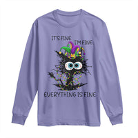 Funny Mardi Gras Cat Long Sleeve Shirt It's Fine I'm Fine Everything Is Fine Jester Hat Beads
