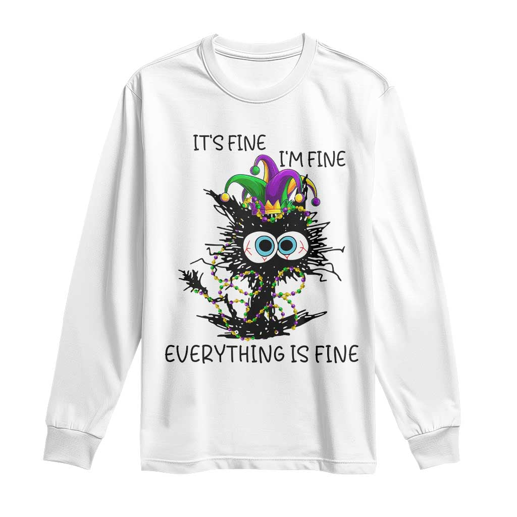 Funny Mardi Gras Cat Long Sleeve Shirt It's Fine I'm Fine Everything Is Fine Jester Hat Beads
