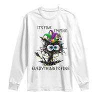 Funny Mardi Gras Cat Long Sleeve Shirt It's Fine I'm Fine Everything Is Fine Jester Hat Beads