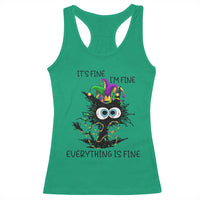 Funny Mardi Gras Cat Racerback Tank Top It's Fine I'm Fine Everything Is Fine Jester Hat Beads