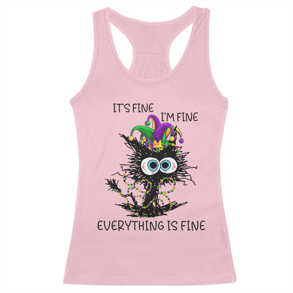 Funny Mardi Gras Cat Racerback Tank Top It's Fine I'm Fine Everything Is Fine Jester Hat Beads