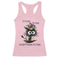 Funny Mardi Gras Cat Racerback Tank Top It's Fine I'm Fine Everything Is Fine Jester Hat Beads
