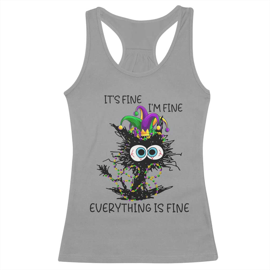 Funny Mardi Gras Cat Racerback Tank Top It's Fine I'm Fine Everything Is Fine Jester Hat Beads