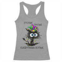 Funny Mardi Gras Cat Racerback Tank Top It's Fine I'm Fine Everything Is Fine Jester Hat Beads