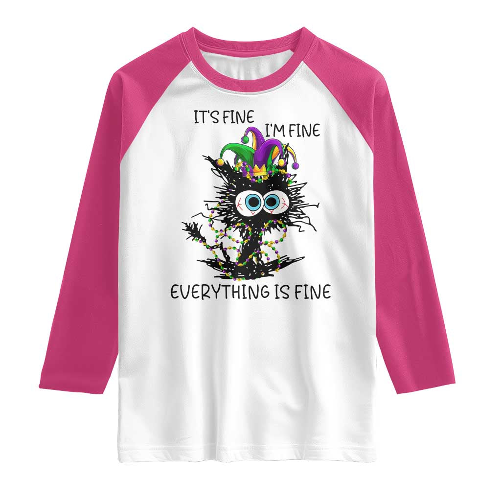 Funny Mardi Gras Cat Raglan Shirt It's Fine I'm Fine Everything Is Fine Jester Hat Beads