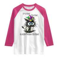 Funny Mardi Gras Cat Raglan Shirt It's Fine I'm Fine Everything Is Fine Jester Hat Beads
