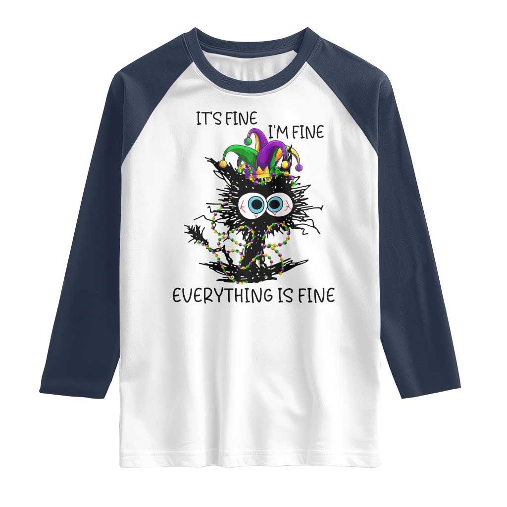 Funny Mardi Gras Cat Raglan Shirt It's Fine I'm Fine Everything Is Fine Jester Hat Beads